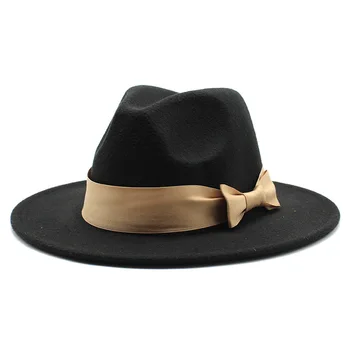 Klasikinės juodos spalvos fedora skrybėlę moterų bowknot elegantiškas džiazo top hat rudens žiemos ponios visas rungtynes, Panama vilnos veltinio kepurę ponas hat Nuotrauka
