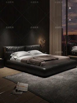 Šviesos prabangus odinis lova Šiaurės dvigulė lova, didelė lova, miegamojo vestuvių lova 1,8 m lovos šiuolaikinės paprasta italijos minimalistinio oda Nuotrauka